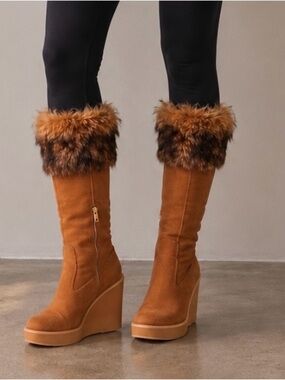 UGG Valberg Chestnut Suede Leather Fur Wedge Boots Tall Size 9 NWOB
